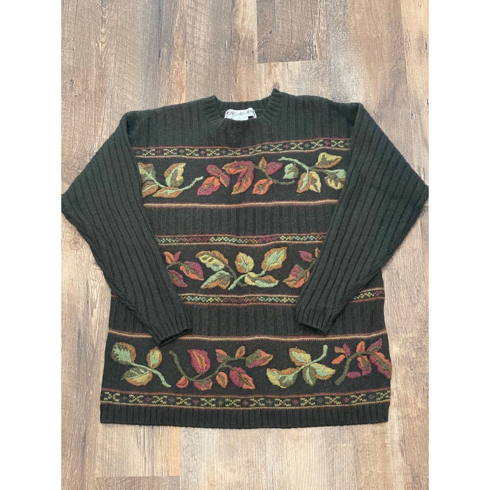 JH Collectibles Wool Blend Olive embroidered crewneck with leaf motif VTG Large